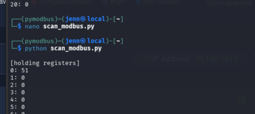 scan_modbus.py output showing register 0 as the only non-zero value